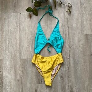 Forplay Turquoise & Gold Cut Out Monokini One Piece Size S